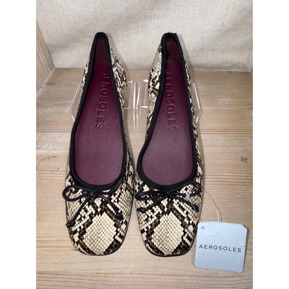 NWT Aerosoles 10.5 Ballet Flats Snakeskin Print Square Toe Bow Accent Comfort